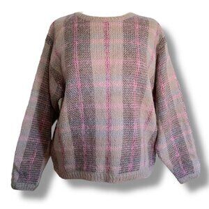 Vintage 1980s Lise J Womens Sweater Sz Medium Large Taupe Purple Plaid Mohair